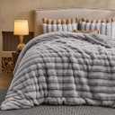 Fluffy Faux Rabbit Fur Comforter Cover Set King Size - Ultra Soft Plush Bedding Set - Luxury Striped Light Gray Fuzzy Duvet Cover - 3PC(Duvet Cover *1 Pillow Shams*2) - Zipper Closure