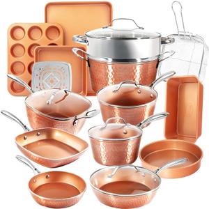 Gotham Steel Hammered 20 Pc Ceramic Cookware Set Nonstick, True Ceramic Pots and Pans Set Non Stick with Deep Square Pan Set & Bakeware Set, Non Toxic PFOA PFOS Free, Oven & Dishwasher Safe, 20 Piece Set