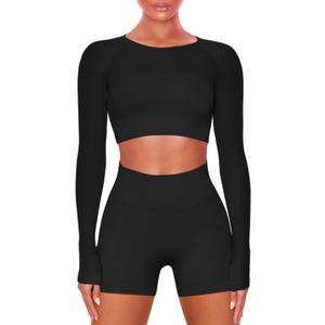 Buttergene Women Workout Sets 2 Pieces Long Sleeve Yoga Outfits Gym Clothes Seamless Ribbed Crop Top High Waist Leggings (Medium, 1top+shorts-black)