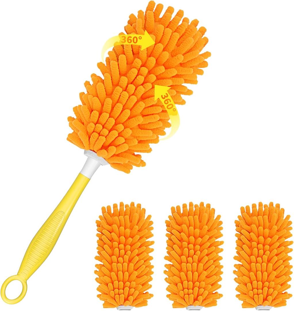 SetSail Dusters for Cleaning Compatible with Swiffer Small Microfiber Duster Refills 4pcs Reusable Duster Refill with 1 Handle Washable Duster Cleaner Kit for Furniture, Car Interior, Blind (Orange)