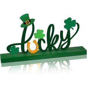 St. Patrick's Day Table Sign Decoration Lucky Metal Tabletop Centerpiece Signs Letter Wood Centerpiece with Clover for St Patrick's Day Tiered Tray Decorations for Irish