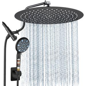 Cobbe 12 Inch All Metal Rain Shower Head, Dual Shower Heads with Handheld Spray Combo - Upgrade Extension Arm Height Adjustable - 9 Spray Filtered Shower Head, Black