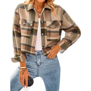 CFLONGE Women's Casual Jacket Coats Button Down Corduroy Cropped Shacket Plaid Long Sleeve Flannels Shirts for Women Jackets (X-Large, Khaki)