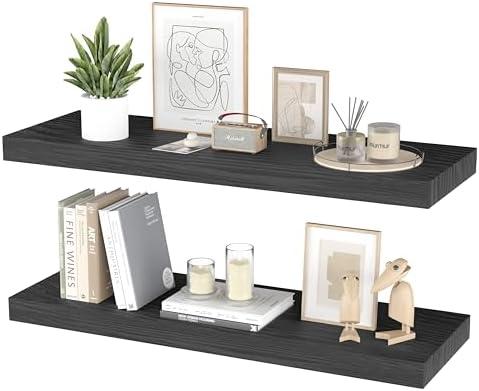PopiShelves Floating Shelves for Wall - 24 x 9 Inch Natural Wood Shelves for Bathroom, Bedroom, Kitchen Decor, Farmhouse Decor Set of 2, Black