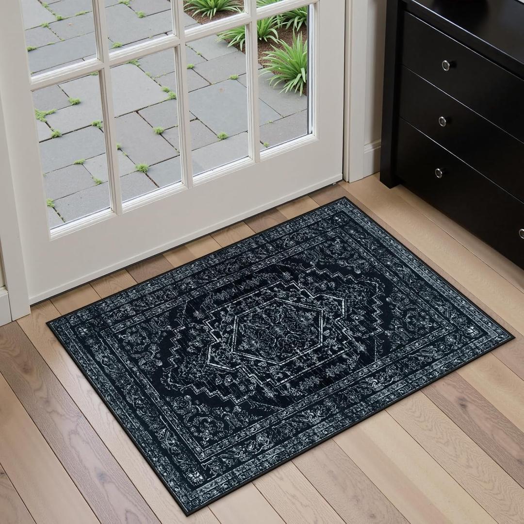 Uphome Washable Kitchen Rugs 2x3, Small Medallion Area Rugs for Entryway, Stain Resistant Indoor Front Door Mat Low Pile, Soft Vintage Throw Kitchen Rugs for Entry Bedroom Laundry, Black