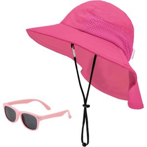 Century Star Baby Sun Hat with Sunglasses for Girls Boys Neck Flap Protection UPF 50+ Beach Hats Kids Wide Brim Outdoor Swim Cap for Toddler A2 Rose Red 2-6 Years