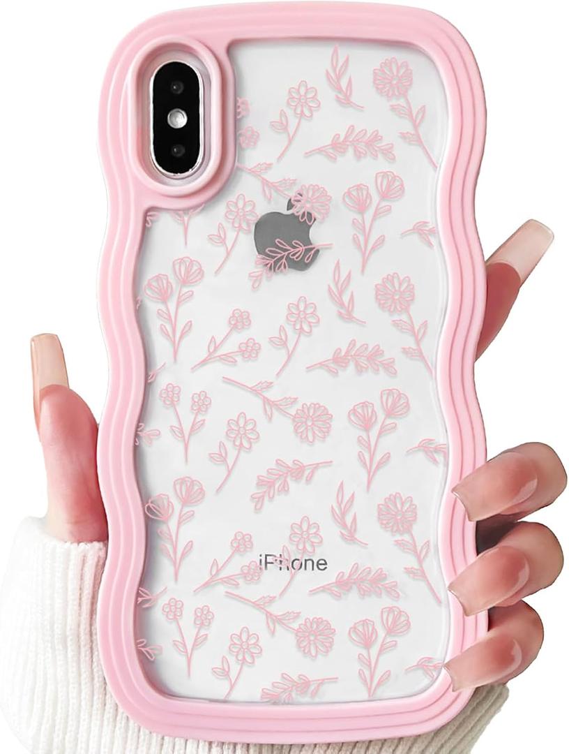 NITITOP Compatible for iPhone Xs Max Case Cute Clear Flower Floral Leave Curly Pink Wave Frame Shape Wavy Shockproof Soft TPU 2 in 1 Protective Phone Cover for Women Girl - Pink