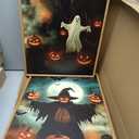 Spooky Halloween Ghost Lighted Pumpkin Framed Canvas Wall Art Set,Gothic Inspired Cute Black Cat Witch Hat Wall Decor,Vintage Foggy Forest Castle Artwork for Living Room, Bedroom-16 x24 x3