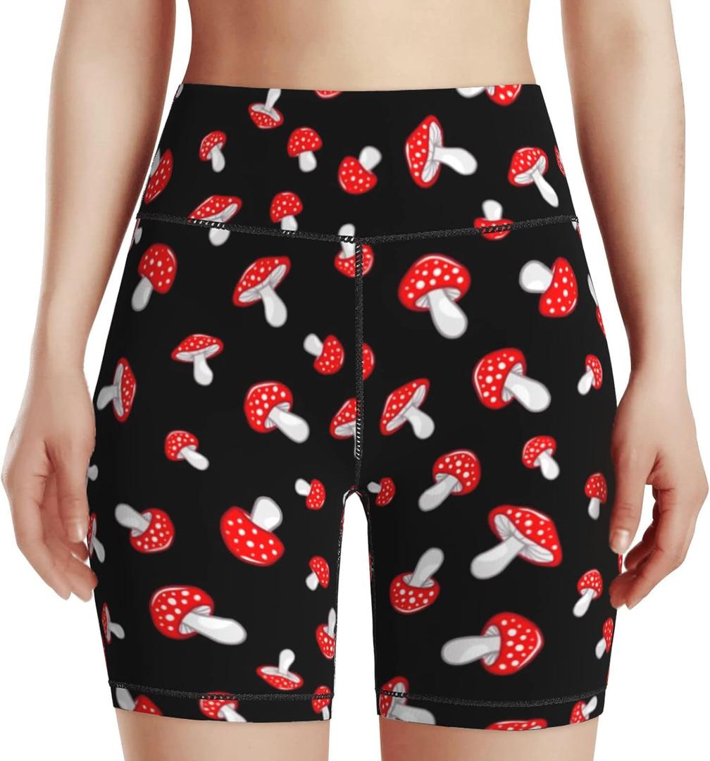 Women's High Waist Bike Shorts for Workout Sports Athletic Running Hiking Biker Yoga Gym Size (Medium, Red Black Mushroom), Small