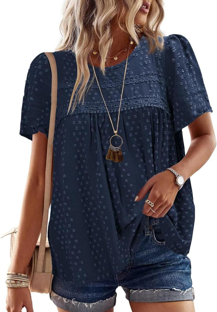 Womens Summer Tops Crewneck Short Sleeve Shirts Casual Chiffon Blouses Flowy Lace Hem Boho Clothing Trendy 2025 (4X-Large, Navy Blue)