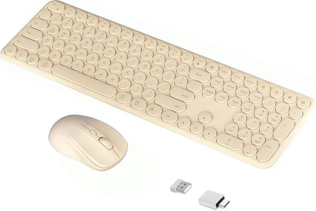 Wireless Keyboard Mouse Combo, 2.4Ghz Aesthetic Quiet Keyboard and Mouse Wireless, 110 Keys Full Size Ultra-Thin Cute Keyboard for Laptop, Computer, PC, Notebook, Windows, Mac OS (Khaki)