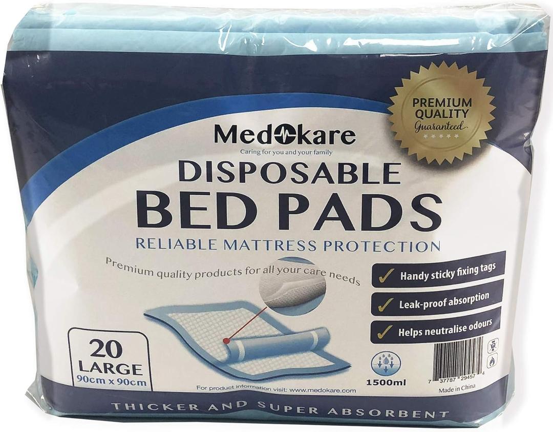 Medokare Bed Pads - Disposable Incontinence Underpads - 1500ml Medical Grade Hospital Chucks - Mattress Protector Mats for Elderly Adults, Patients & Kids - Adult Pee Pad - 20 Chux Liners (90 x 90cm)