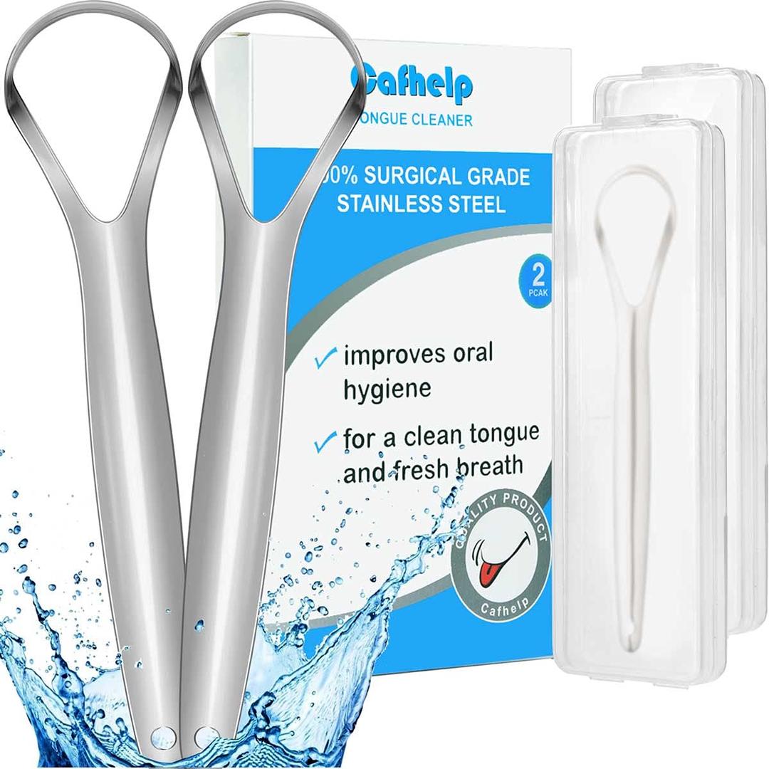 2-Pack Tongue Scraper, 100% 304 Surgical Stainless Steel Tongue Cleaner for Both Adults and Kids, Professional Reduce Bad Breath Metal Tongue Scrapers, Help Your Oral Hygiene (with 2 Cases)