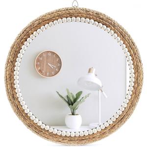18 Inch Boho Wall Mounted Mirror,Decorative Round Rattan Hanging Wall MirrorSuitable for Farmhouse, Living Room, Bedroom and Bathroom