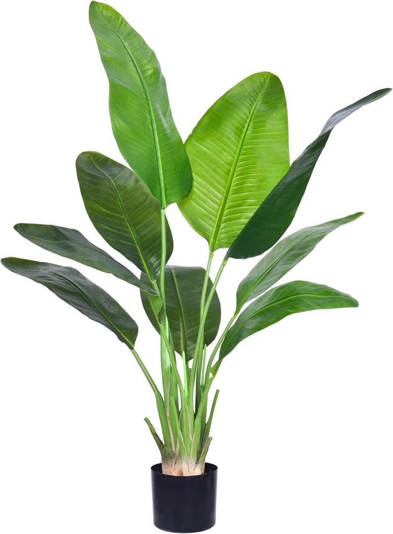Artificial Bird of Paradise Plant, Fake Tree with Realistic Leaves and Durable pots, Adjustment-Free Branches Artificial Tree for Indoor Outdoor Home Decor (4FT 1Pack) (5in)