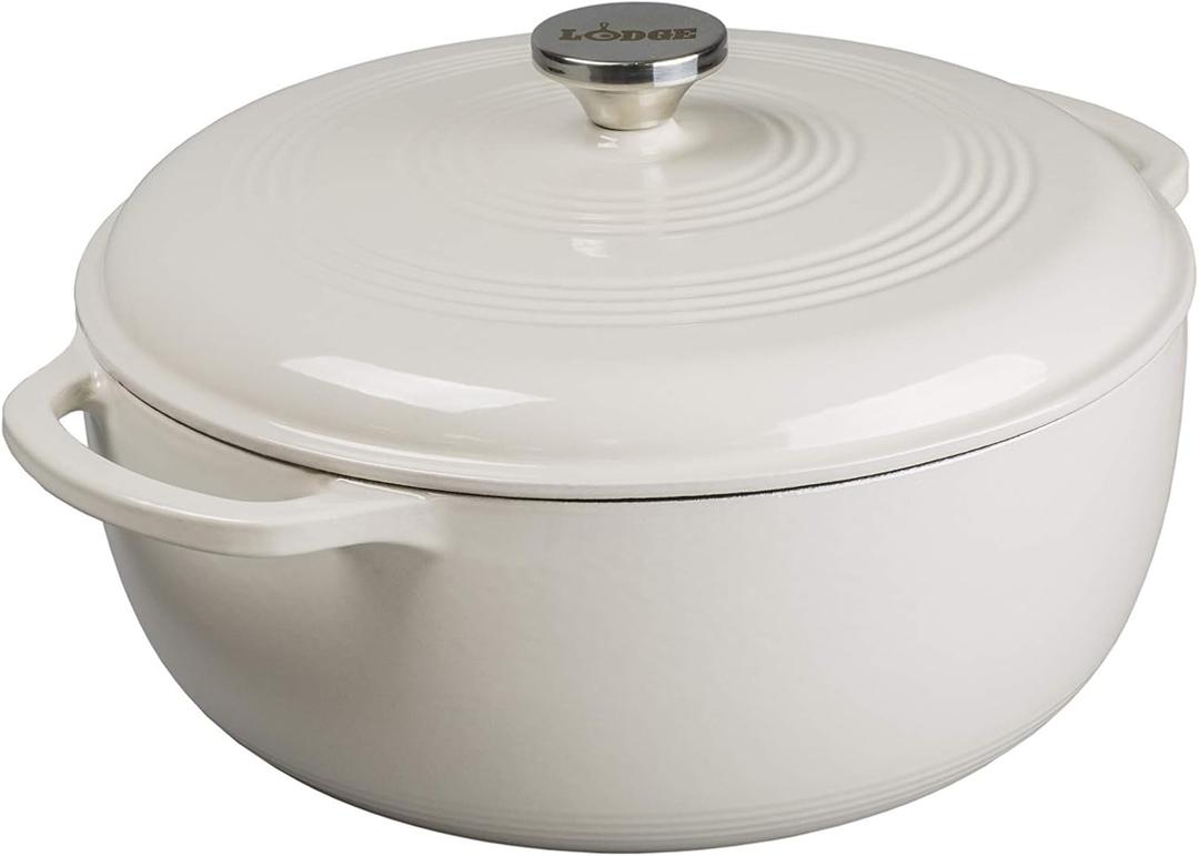 Lodge 7.5 Quart Enameled Cast Iron Dutch Oven with Lid  Dual Handles  Oven Safe up to 500 F or on Stovetop - Use to Marinate, Cook, Bake, Refrigerate and Serve  Oyster White
