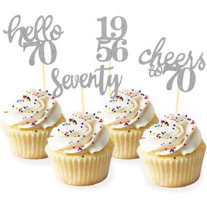 24 Pcs Glitter 70th Birthday Cupcake Toppers for Celebrating 70th Birthday Party Decorations for Seventy Years Old Birthday Party Supplies (Silver2)