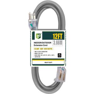EP 12 Ft Lighted Outdoor Extension Cord - 12/3 SJTW Heavy Duty Grey Extension Cable with 3 Prong Grounded Plug - Power Cord for Lawn, Garden, Appliances