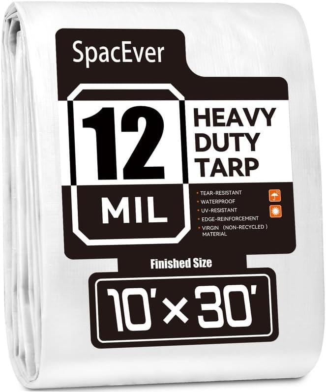 Tarp Heavy Duty 10x30 FT, 12 Mil Thick Large Tarps Water-Proof with Grommets, UV& Tear Resistant, Plastic Cover for Pool Roof Tent Outdoor Firewood, White
