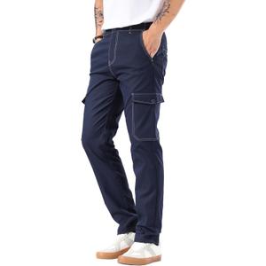 Plaid&Plain Mens Cargo Pants Slim Fit with Contrasting Topstitching and Multi-Pocket (38W x 30L, Navy Blue)