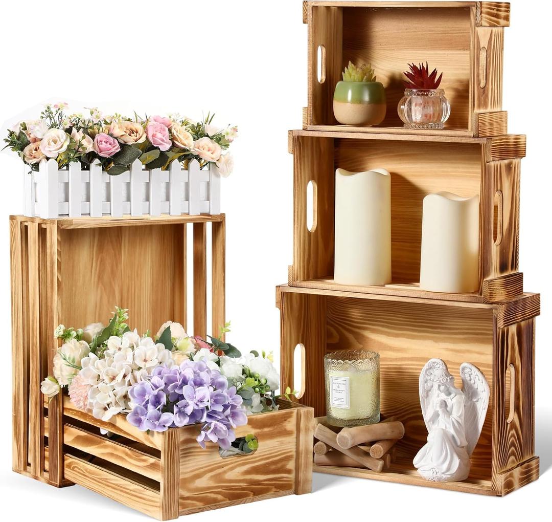 CroBlissful 5 Pack Decorative Wood Crates for Display 5 Sizes Rustic Nesting Wooden Crates Vintage Storage Container Boxes with Handles Handmade Decorative Baskets Bin for Farmhouse (Classic Color)