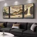 Framed Mountain Wall Art for Living Room, 3 Piece Brown Landscape Painting Prints, Modern Luxury Bright Style Pine Tree Waterfall Artwork for Dining Room,Hallway Office Wall Decor, 24" H x 64" W