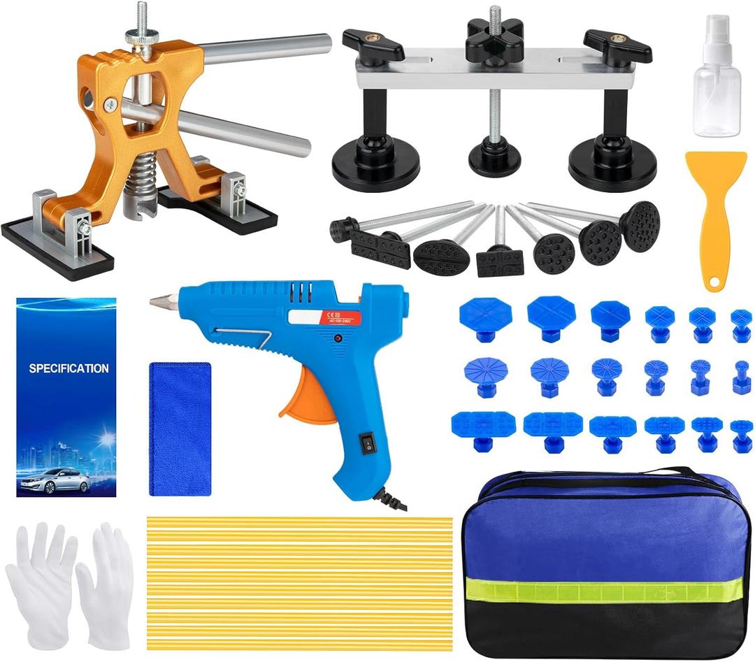 45Pcs Car Dent Puller Kit, Paintless Dent Removal Kit with Adjustable Bridge Puller & Golden Lifter, Hail Damage Dent Repair Kit with 100W Glue Gu for Auto Body Truck Refrigerator DIY Repair