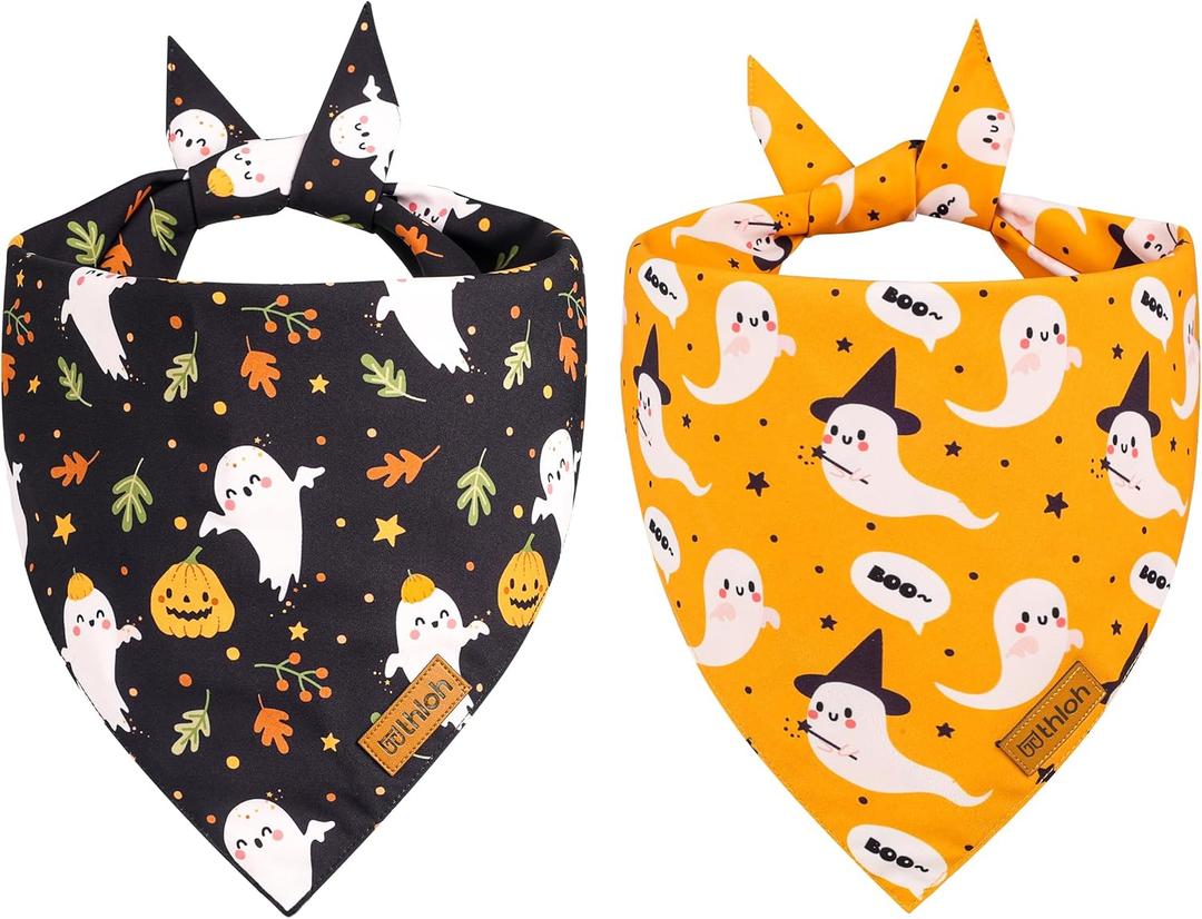 Halloween Dog Bandanas - 2 Pack Fall Dog Bibs | Reversible Pumpkin and Ghost Pet Scarf for Boys and Girls | Premium Durable Fabric | Boo Dog Bandana for Large and Extra Large Dogs (X-Large)
