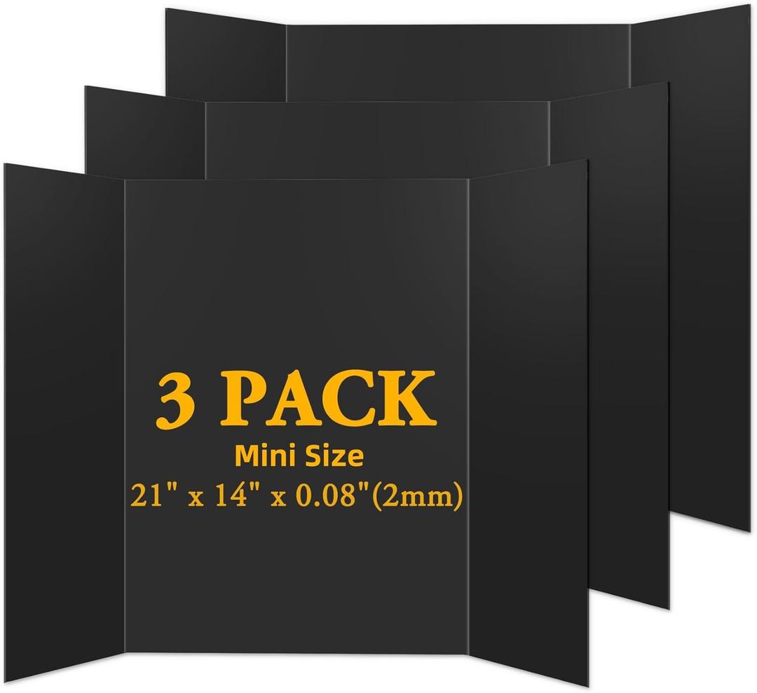 AKONEGE 6PCS Small Trifold Poster Board, 21 x 14 Inches Black Corrugated Cardboards Mini Tri Fold Poster Boards for School Projects, Science Fair, Business Presentations, Exhibitions, Event Display