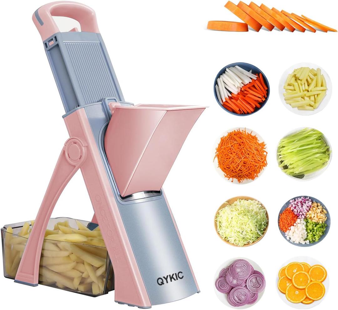 Safe Mandoline Food Slicer for Kitchen, Multifunctional Potato Slicer Vegetable Chopper with 35+ Presets & Thickness Adjuster, French Fry Cutter Vegetables Slicer for Meal Prep Pink