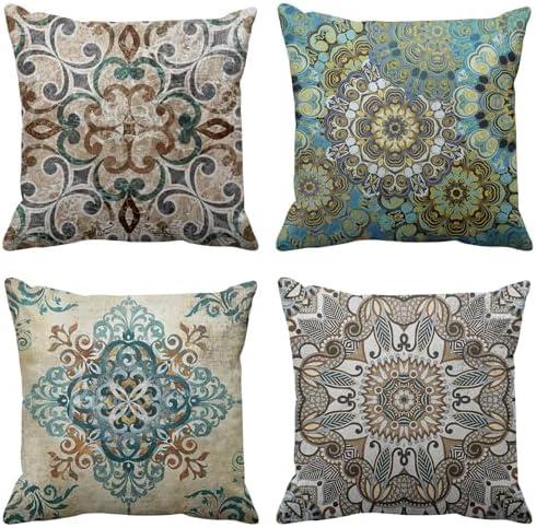 Emvency Set of 4 Boho Throw Pillow Covers Vintage Abstract Brown Green Teal and Grey Plant Leaf Floral Decorative Pillow Cases Home Decor Standard Square 20x20 Inches Pillowcases