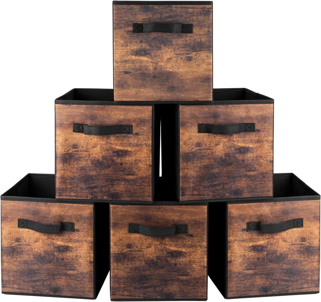 EWES 11 Inch Fabric Storage Cubes, 6 Pack Foldable Storage Bins with Handle, Storage Baskets Box for Shelves, Closet, Organizer, Brown Black