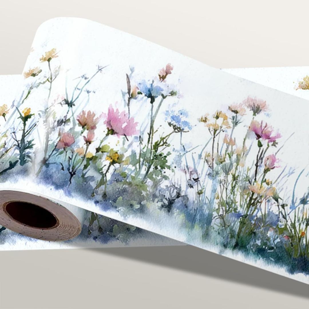 Wildflower Wallpaper Border 196x4 Inch Peel and Stick Wall Border Self Adhesive Pastel Meadow Floral Removable Vinyl Trim for Living Room Bedroom Bathroom Kitchen Cabinet Decoration