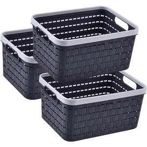 AYSUM Medium Plastic Woven Storage Baskets - 3 Pack Stackable Woven Organizer, 11 x 8.5 x 5 Inch, Grey - For Pantry, Kitchen, Bedroom, Bathroom