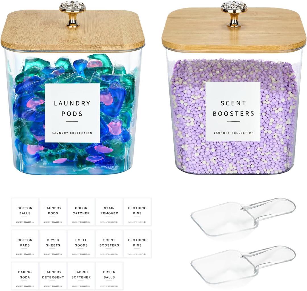 2 Pack Laundry Room Organization Storage Containers 2 Half Gallon Laundry Pod Containers Laundry Detergent Dispenser with Lids and Labels for Laundry Room Organizing
