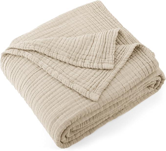 Carriediosa 100% Cotton Muslin Throw Blanket 108" X 90" King Size 4-Layers Khaki
