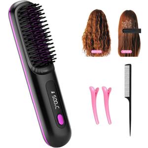 Go Brush Pro - Cordless Hair Straightener, USB Charging, Fast Heating, with LCD Display, Brush Portable Comb for Travel for All Hair Types