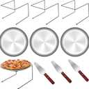 9 Pieces Pizza Pan Riser Stands Sets with 3 Metal Pizza Table Stands 3 Pizza Pans and 3 Wood Handle Pie Server Pizza Serving Tray Display Stands for Pizza Party Dessert Cheese Baking (9 PCS)