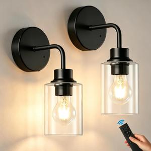 Epinl Battery Operated Black Wall Sconce Set of 2, Wireless Rechargeable Wall Lights with Remote Control, Dimmable Wall Lamp for Bedroom Living Room Hallway