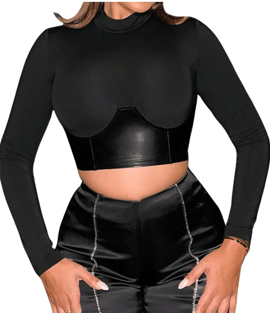 MakeMeChic Women's Faux Leather Mock Neck Long Sleeve Tee Shirts Party Crop Tops M