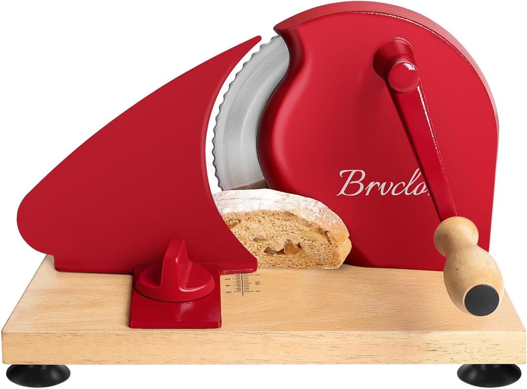 Manual Bread Slicer for Homemade Sourdough Bread, Adjustable Thickness, Evenly Slicing, Hand Crank Bread Slicer with Scale Line and Suction Cup, Sharp Blade, Suitable for Crusty Bread (Red)