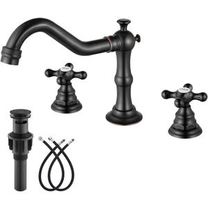 gotonovo Bathroom Faucet 3 Hole 8 Inch Widespread Bathroom Sink Faucet 2 Cross Handles Vintage Lavatory Vanity Mixer Tap with Pop Up Drain, HOT Cold Label, Oil-Rubbed Bronze