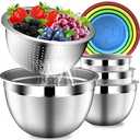 DUTZUN Mixing Bowls with Strainer, Mixing Bowl with Lids Set, Stainless Steel Mixing Bowls, Kitchen Gadgets 2025 Salad Bowls with Strainer for Mixing & Preping & Baking, Multicolor, 9PCS Multicolor