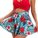 B2prity Women Cutout One Piece Skirt Swimsuit V Neck Wrap Tie Back Swimdress Tummy Control Bathing Suits, (Large, Red Floral)