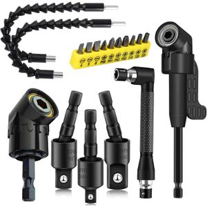 18Pcs Flexible Drill Bit Extension, Include 3Pcs Rotatable Socket Adapter 2Pcs 105 Right Angle Drill Attachment 10 Short Screwdriver Bits 90 Angled Bits and 2 Bendable Extension Tool (18 Black)