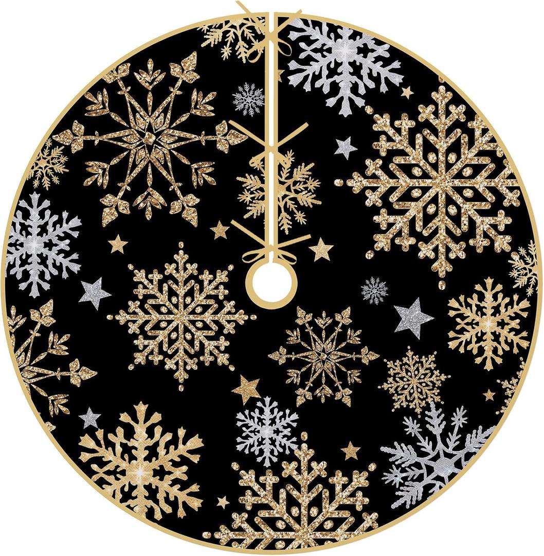 Fzbali Snowflakes Black Gold Christmas Tree Skirt, 24 Inches Lace-up Miniature Tabletop Snowy Stars Xmas Tree Skirt, Winter Holiday Party Mini Indoor Decoration Home Decor