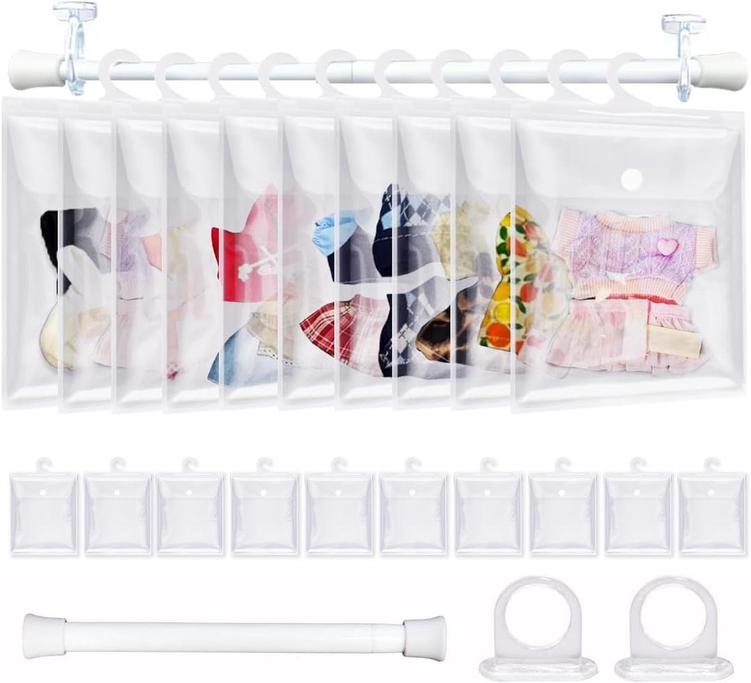 10 Pack Clear Doll Clothes Storage Bags with Hanging Rod & Hooks, Compatible with Labubu Clothes - PVC Transparent Organizer Set for Dolls, Space-Saving Wardrobe System
