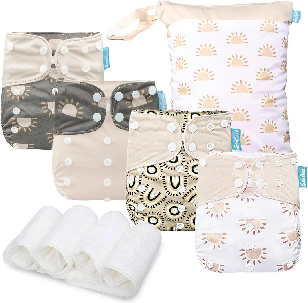 Baby Cloth Diapers Set - 4 Pack with 4 Inserts & 1 Wet/Dry Separation Bag, Reusable Infant Toddler Nappy, Adjustable Pocket Diapers for Baby Boys and Girls (6-33 pounds, 0-3 Years)