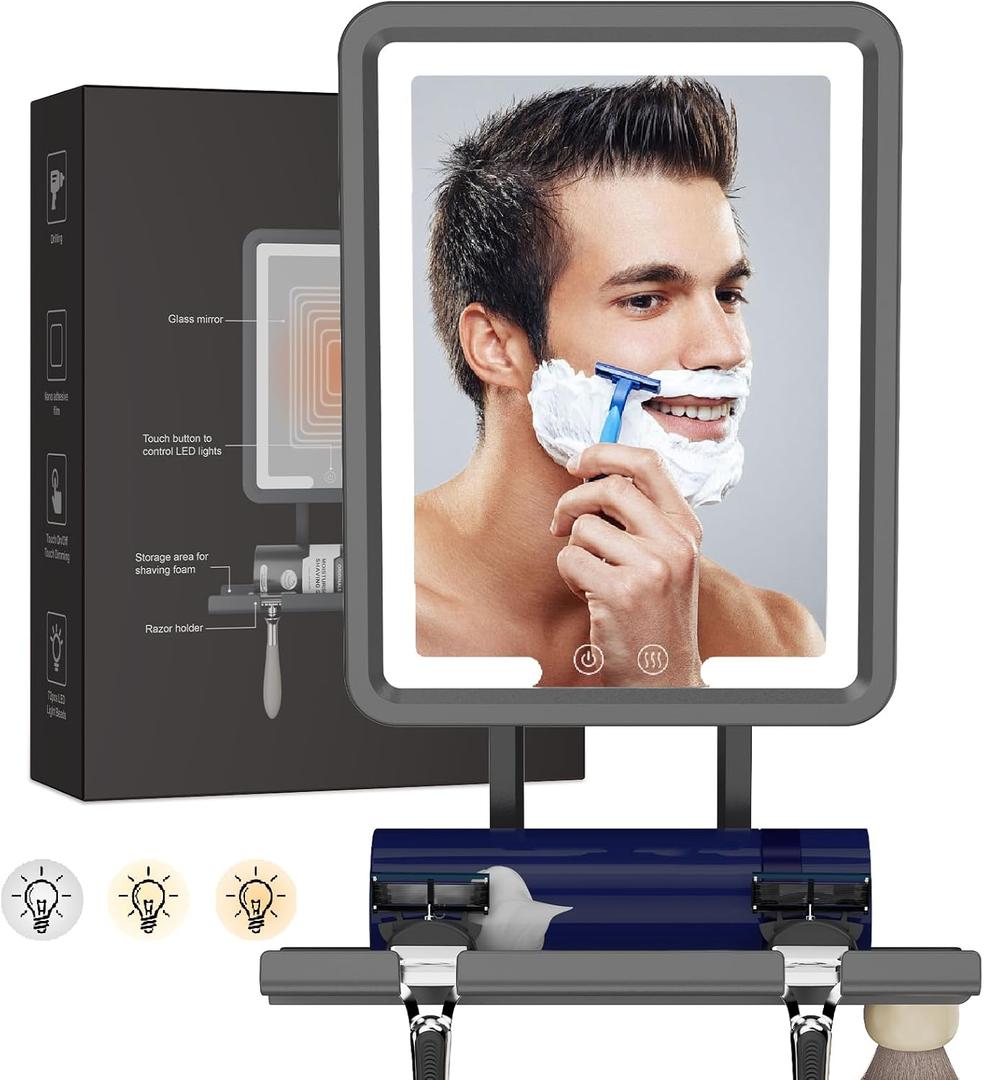 LED Shower Mirror Fogless for Shaving - Heated Fog Free, 3 Dimmable Lights, 360 Adjustable, Rechargeable, Drill Free - with Storage Tray, Razor & Shaving Brush Holders,Gifts for Men