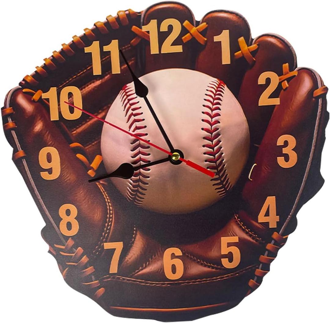 2026 NEWBaseball Glove Wall Clock with,Wooden Printing,Silent Pointers,Using AA Batteries,Brown Leather Design,Living Room,Bedroom,Office Decoration (10 inches)